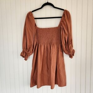 KOURT Camel Portia Natural Flax Cotton Smocked Bodice Bubble Sleeve Mini Dress S